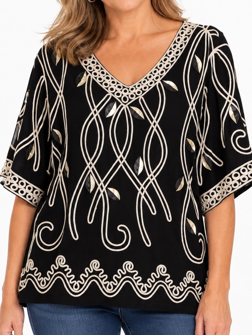 Lauren Michelle Black Top with Gold Embroidery